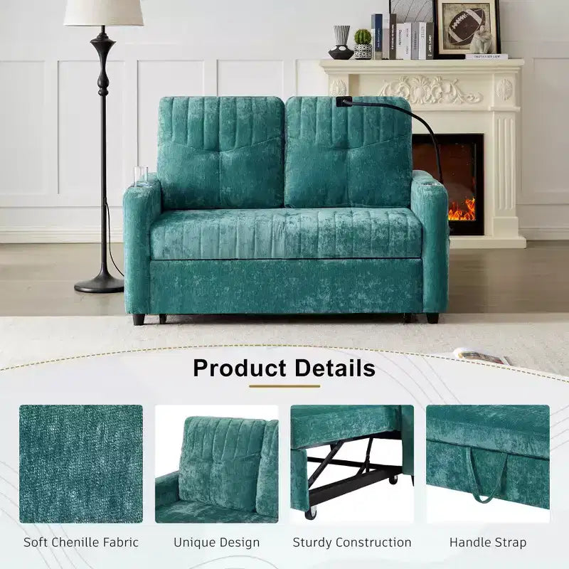 Pull-Out Loveseat Sofa Bed with Adjustable Backrest, Charging Ports, Cup Holders, and Side Pockets
