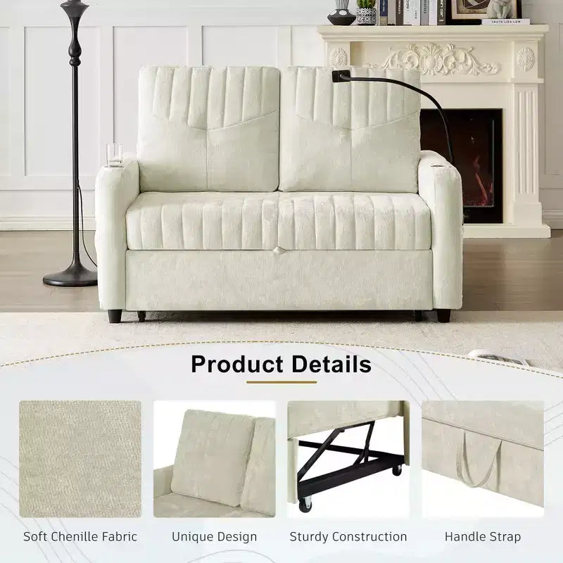 Pull-Out Loveseat Sofa Bed with Adjustable Backrest, Charging Ports, Cup Holders, and Side Pockets
