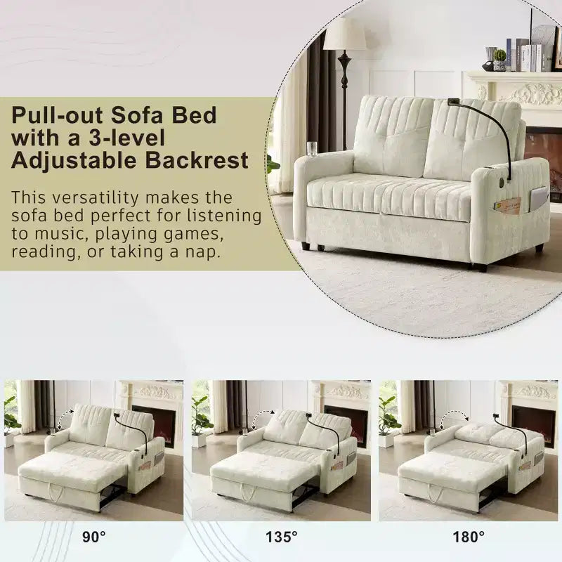 Pull-Out Loveseat Sofa Bed with Adjustable Backrest, Charging Ports, Cup Holders, and Side Pockets
