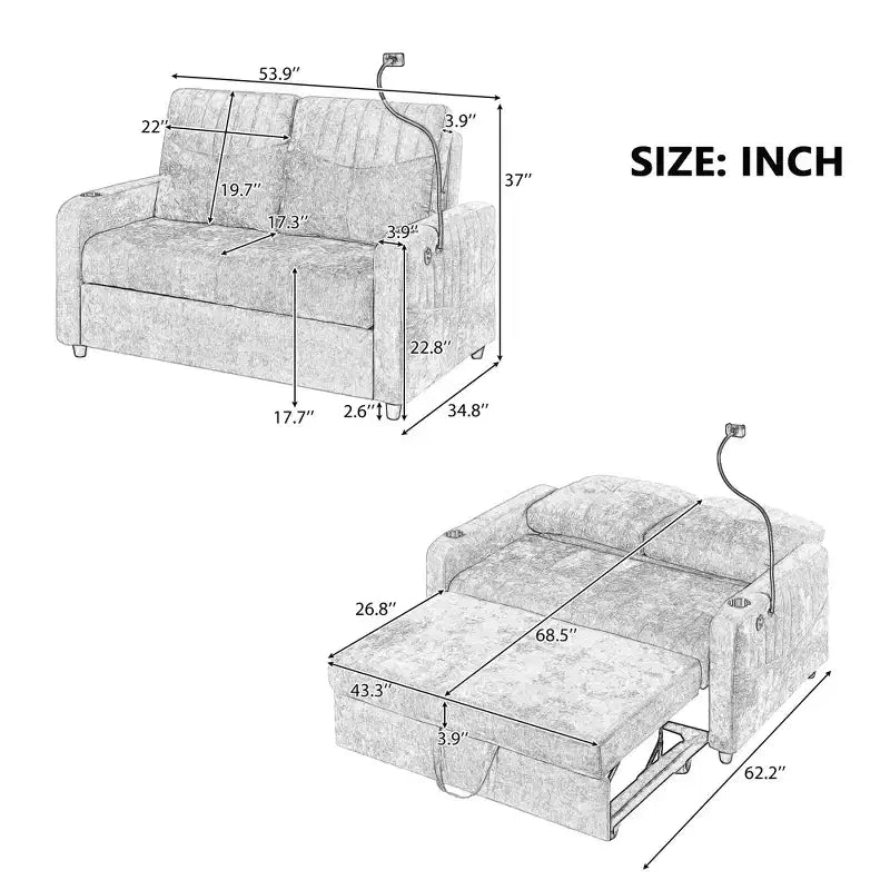 Pull-Out Loveseat Sofa Bed with Adjustable Backrest, Charging Ports, Cup Holders, and Side Pockets