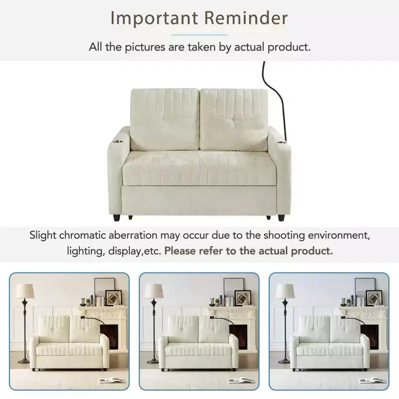 Pull-Out Loveseat Sofa Bed with Adjustable Backrest, Charging Ports, Cup Holders, and Side Pockets