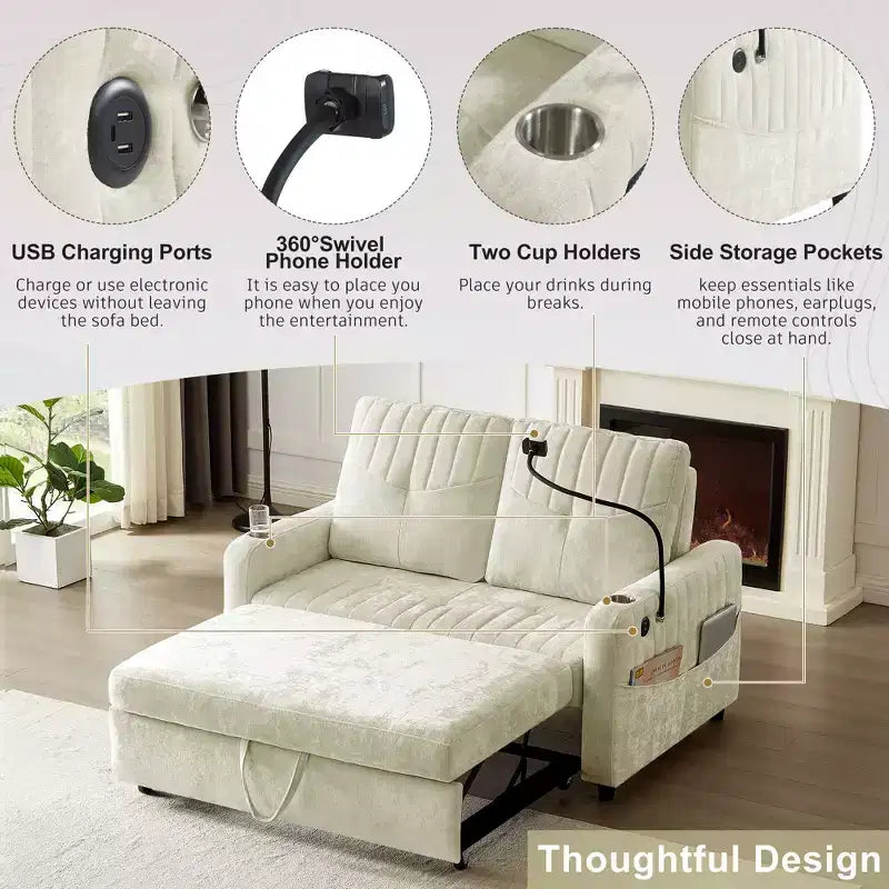 Pull-Out Loveseat Sofa Bed with Adjustable Backrest, Charging Ports, Cup Holders, and Side Pockets