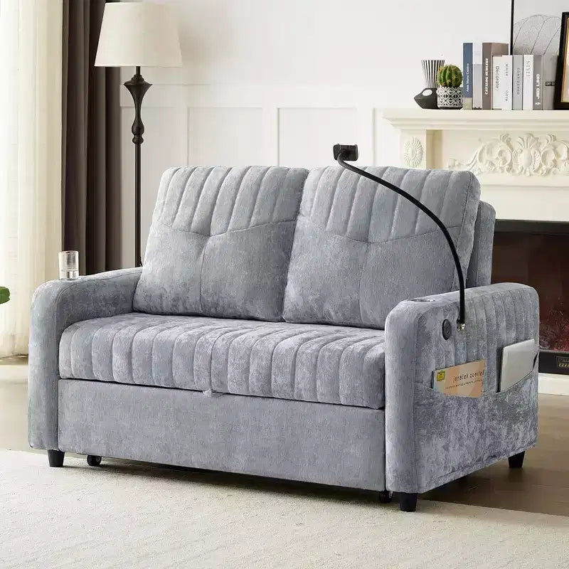 Pull-Out Loveseat Sofa Bed with Adjustable Backrest, Charging Ports, Cup Holders, and Side Pockets