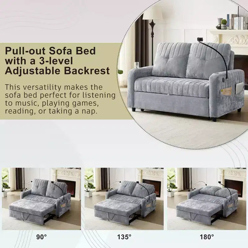 Pull-Out Loveseat Sofa Bed with Adjustable Backrest, Charging Ports, Cup Holders, and Side Pockets