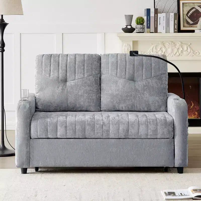 Pull-Out Loveseat Sofa Bed with Adjustable Backrest, Charging Ports, Cup Holders, and Side Pockets
