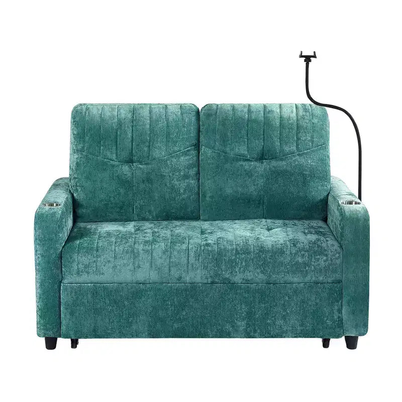 Pull-Out Loveseat Sofa Bed with Adjustable Backrest, Charging Ports, Cup Holders, and Side Pockets