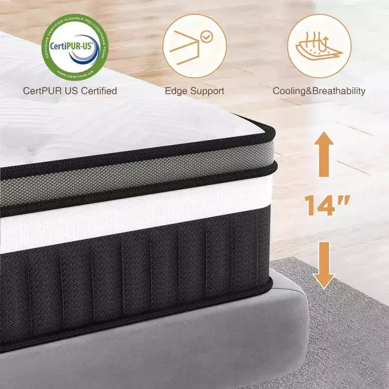 14 Inch Queen Hybrid Mattress – Gel Memory Foam & Pocket Coils, Medium Firm