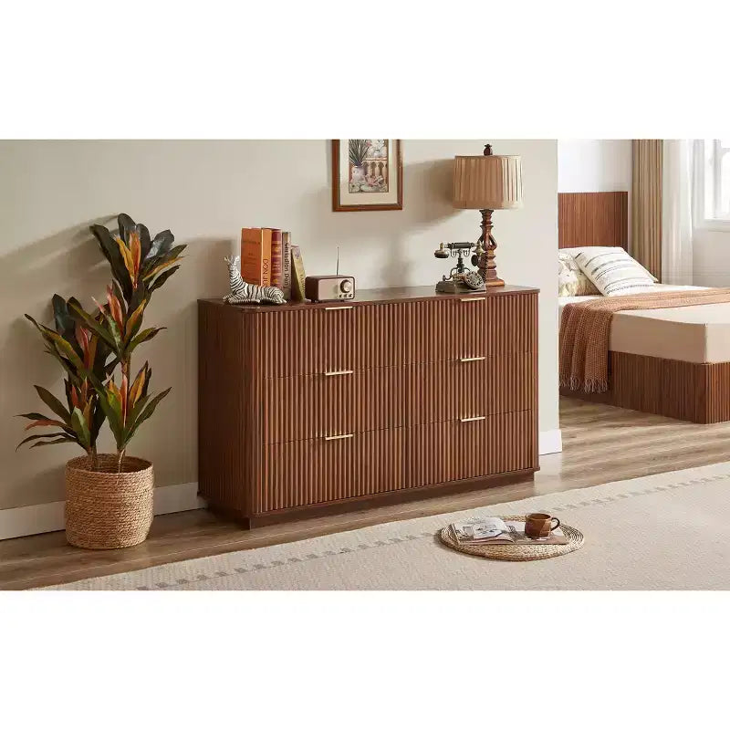 6-Drawer Dresser, 55 Inch Wide with Wave Curve Design, Wooden Storage Cabinet