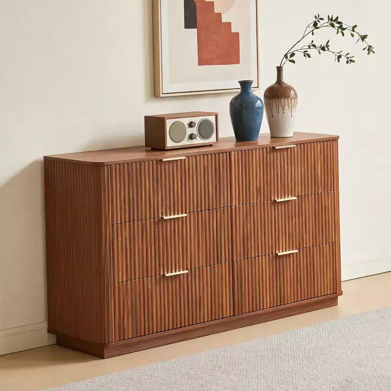 6-Drawer Dresser, 55 Inch Wide with Wave Curve Design, Wooden Storage Cabinet