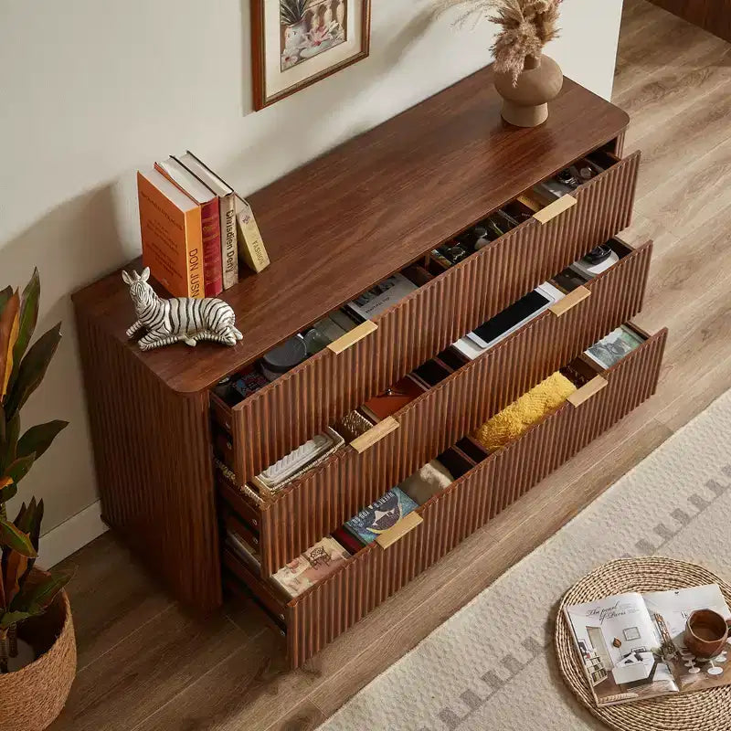 6-Drawer Dresser, 55 Inch Wide with Wave Curve Design, Wooden Storage Cabinet