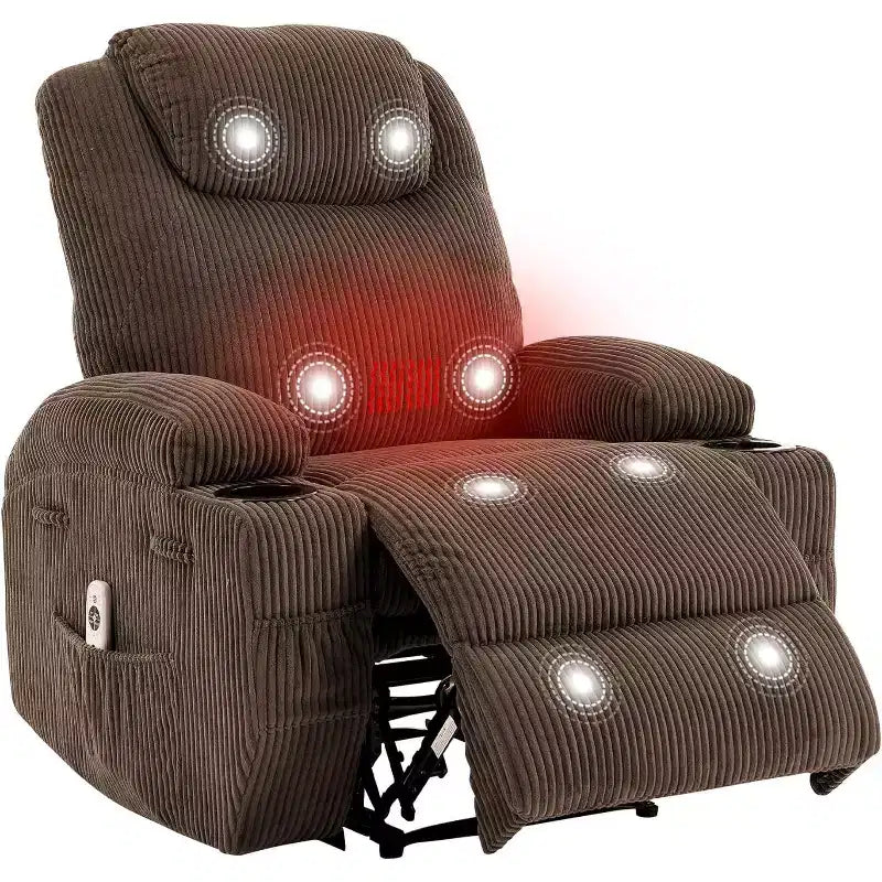 Elektrisch verstellbarer Relaxsessel mit Cord-Bezug, U-förmiger Kopfstütze, Massage, Wärme & doppelten Getränkehaltern