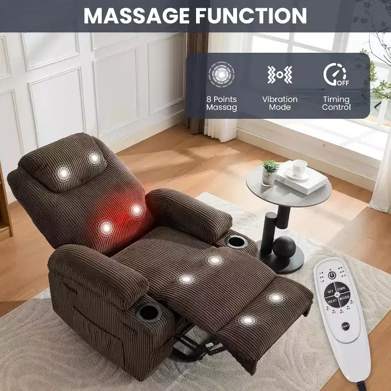 Elektrisch verstellbarer Relaxsessel mit Cord-Bezug, U-förmiger Kopfstütze, Massage, Wärme & doppelten Getränkehaltern