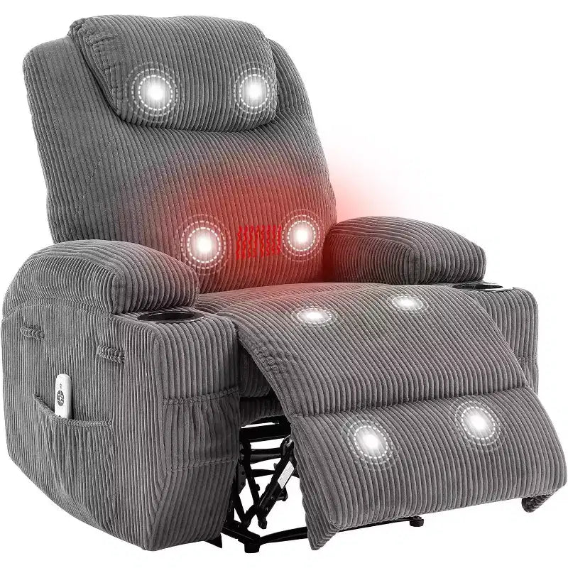 Elektrisch verstellbarer Relaxsessel mit Cord-Bezug, U-förmiger Kopfstütze, Massage, Wärme & doppelten Getränkehaltern