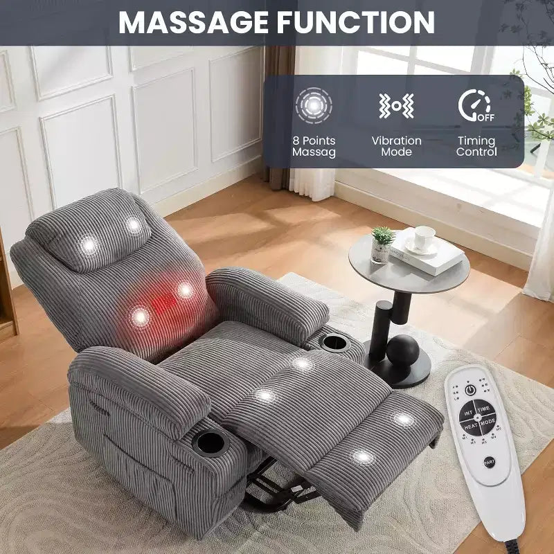 Elektrisch verstellbarer Relaxsessel mit Cord-Bezug, U-förmiger Kopfstütze, Massage, Wärme & doppelten Getränkehaltern