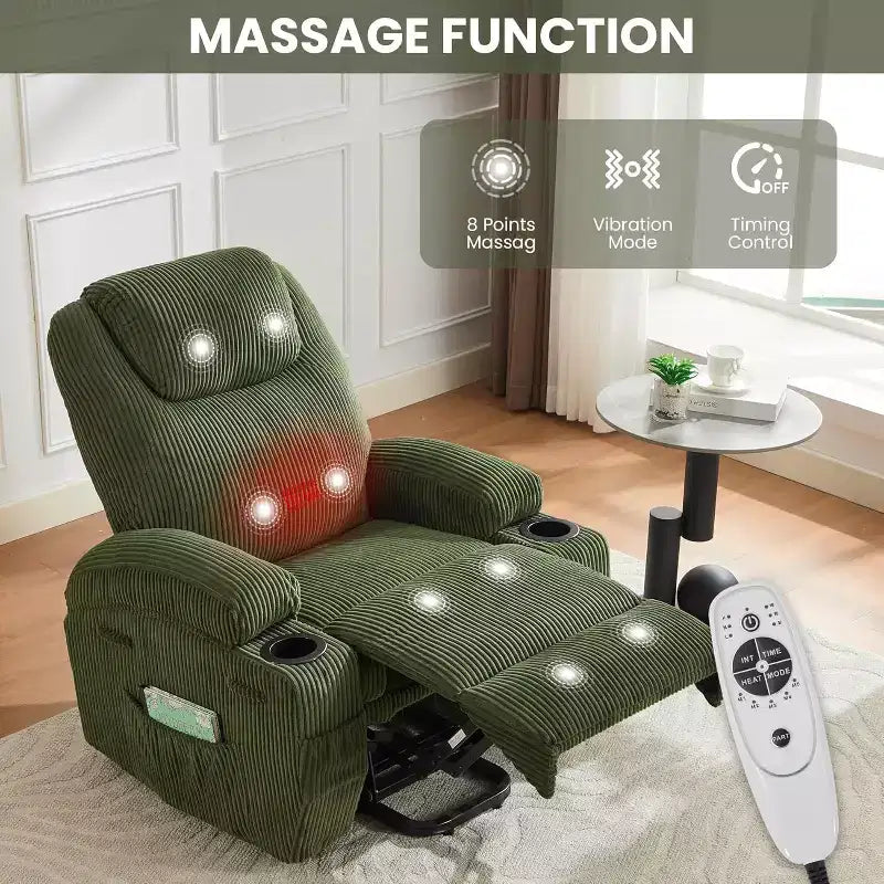 Elektrisch verstellbarer Relaxsessel mit Cord-Bezug, U-förmiger Kopfstütze, Massage, Wärme & doppelten Getränkehaltern