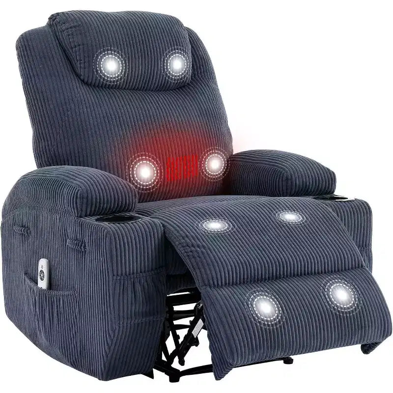Power Lift Recliner Chair with Corduroy Upholstery, U-Shaped Headrest, Massage, Heat & Dual Cup Holders