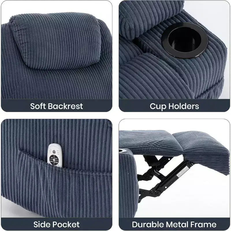Power Lift Recliner Chair with Corduroy Upholstery, U-Shaped Headrest, Massage, Heat & Dual Cup Holders