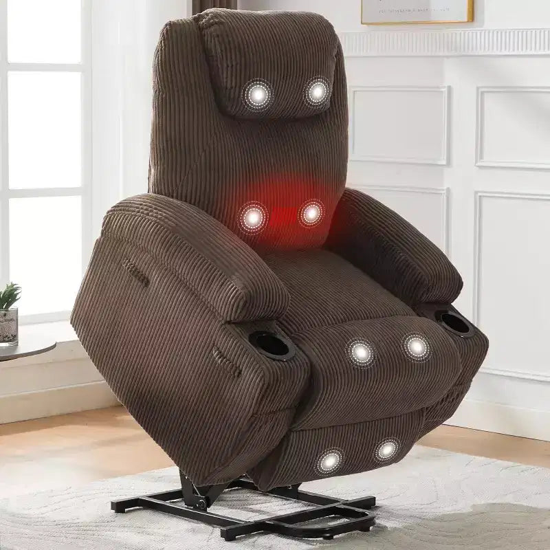Power Lift Recliner Chair with Corduroy Upholstery, U-Shaped Headrest, Massage, Heat & Dual Cup Holders