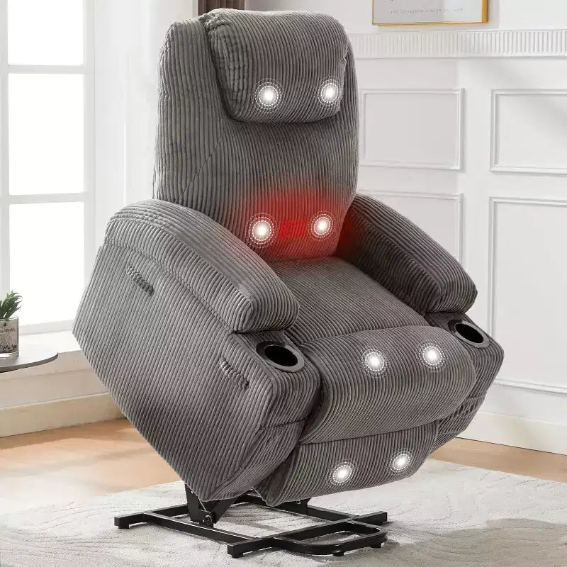 Power Lift Recliner Chair with Corduroy Upholstery, U-Shaped Headrest, Massage, Heat & Dual Cup Holders