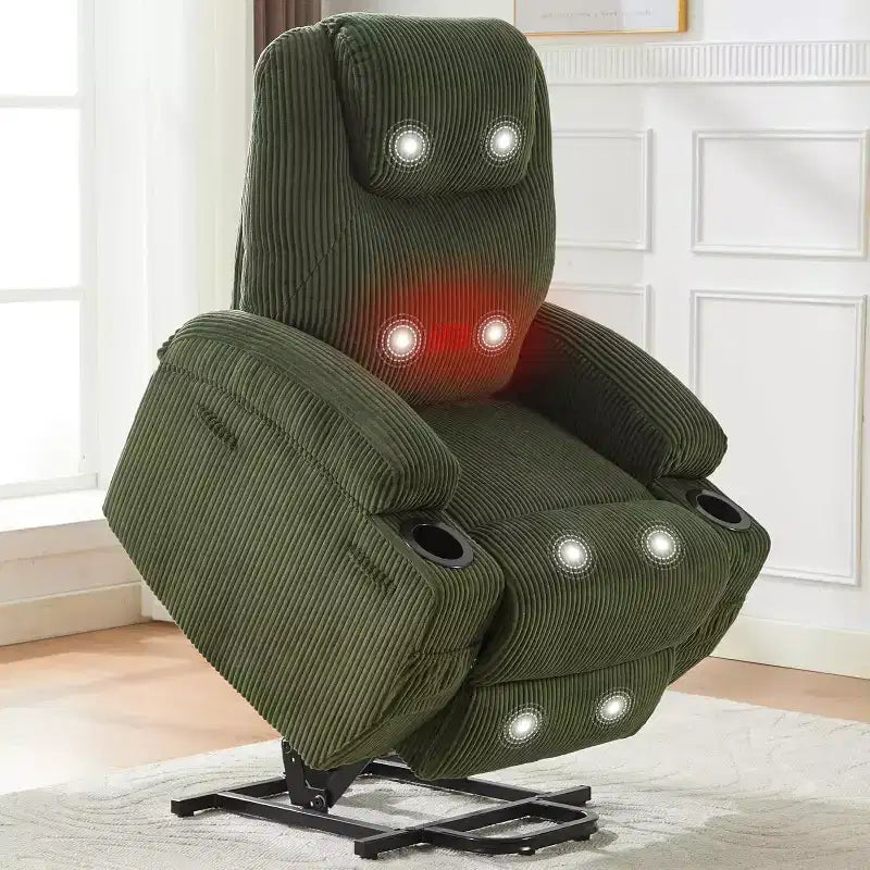Power Lift Recliner Chair with Corduroy Upholstery, U-Shaped Headrest, Massage, Heat & Dual Cup Holders