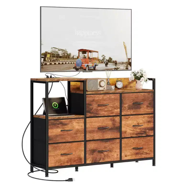 Corner TV Stand with 8 Fabric Drawers and Built-In Charging Station