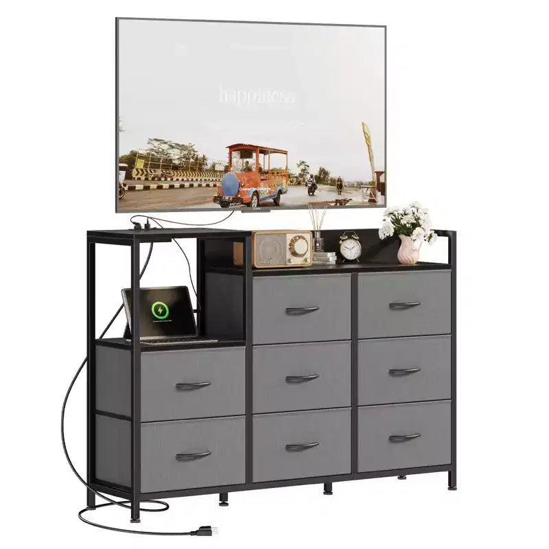 Corner TV Stand with 8 Fabric Drawers and Built-In Charging Station