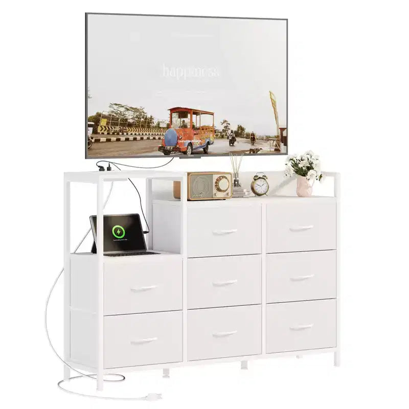 Corner TV Stand with 8 Fabric Drawers and Built-In Charging Station
