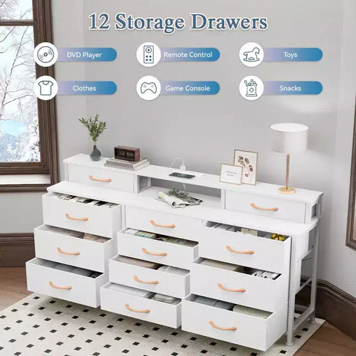 12-Drawer Dresser with LED Lights and Charging Station, 55 Inch Wide Fabric Storage Chest with Wood Top