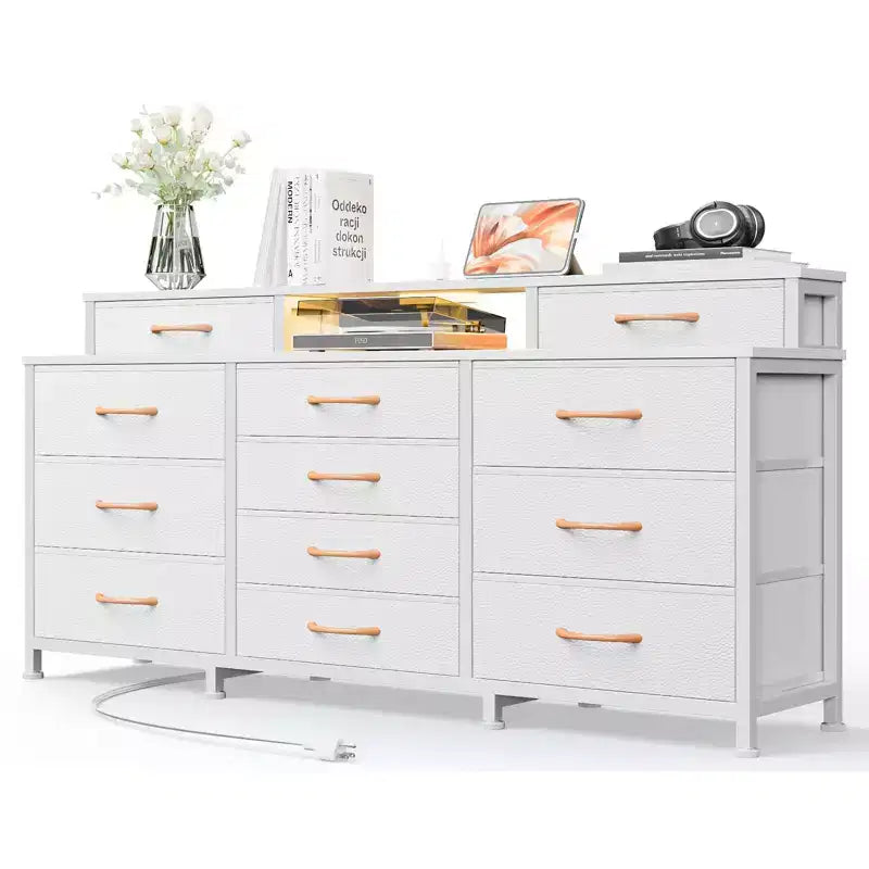 12-Drawer Dresser with LED Lights and Charging Station, 55 Inch Wide Fabric Storage Chest with Wood Top