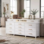 12-Drawer Dresser with LED Lights and Charging Station, 55 Inch Wide Fabric Storage Chest with Wood Top