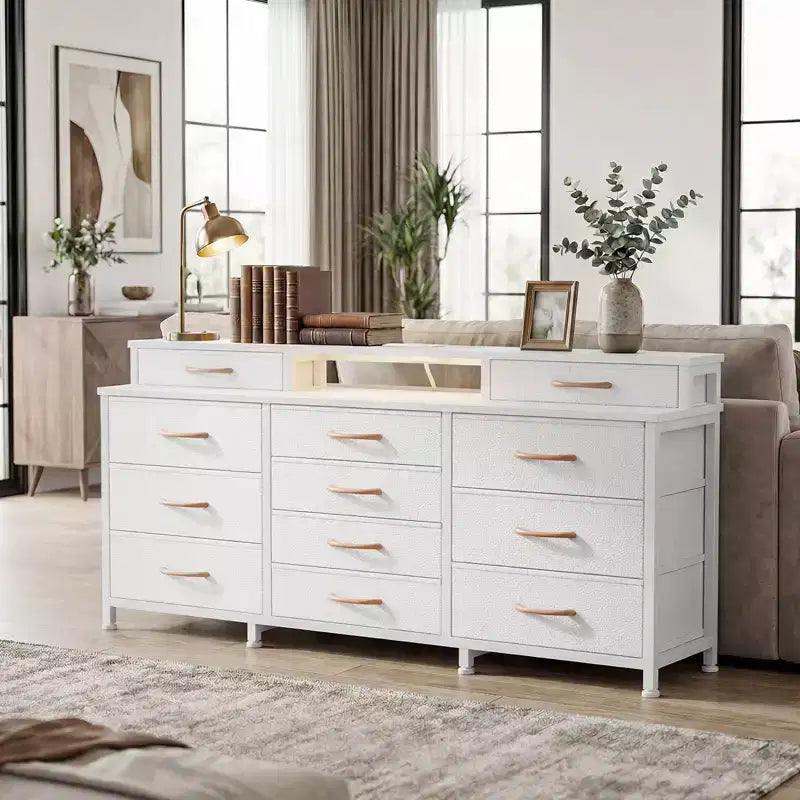 12-Drawer Dresser with LED Lights and Charging Station, 55 Inch Wide Fabric Storage Chest with Wood Top