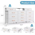 12-Drawer Dresser with LED Lights and Charging Station, 55 Inch Wide Fabric Storage Chest with Wood Top