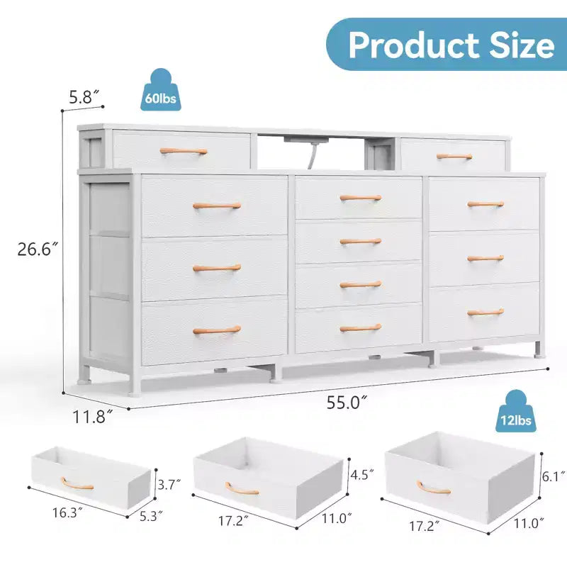 12-Drawer Dresser with LED Lights and Charging Station, 55 Inch Wide Fabric Storage Chest with Wood Top
