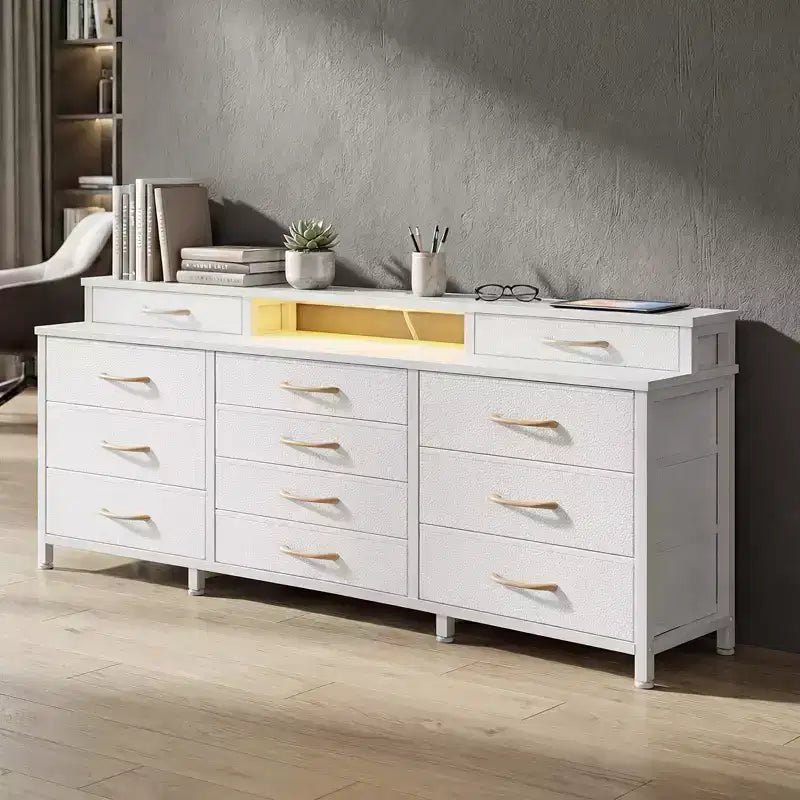 12-Drawer Dresser with LED Lights and Charging Station, 55 Inch Wide Fabric Storage Chest with Wood Top