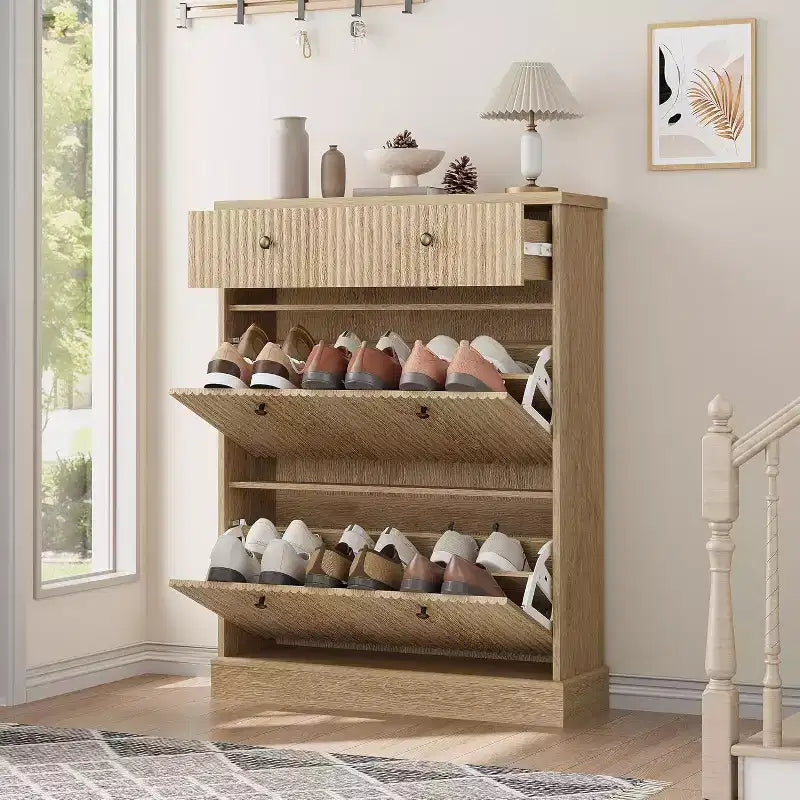 Fluted Shoe Cabinet with Flip-Down Doors and Top Drawer