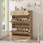 Fluted Shoe Cabinet with Flip-Down Doors and Top Drawer