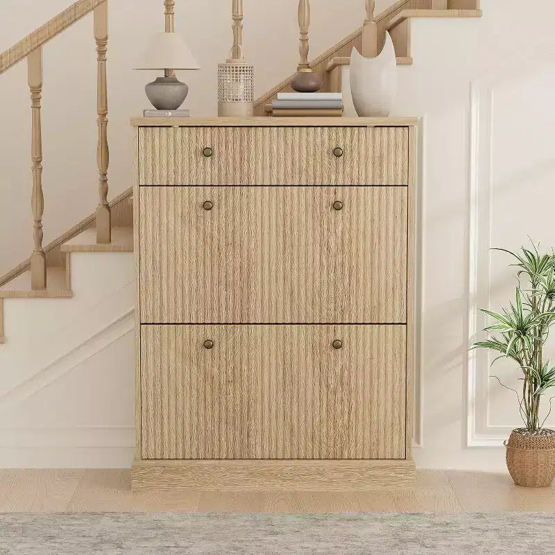 Fluted Shoe Cabinet with Flip-Down Doors and Top Drawer
