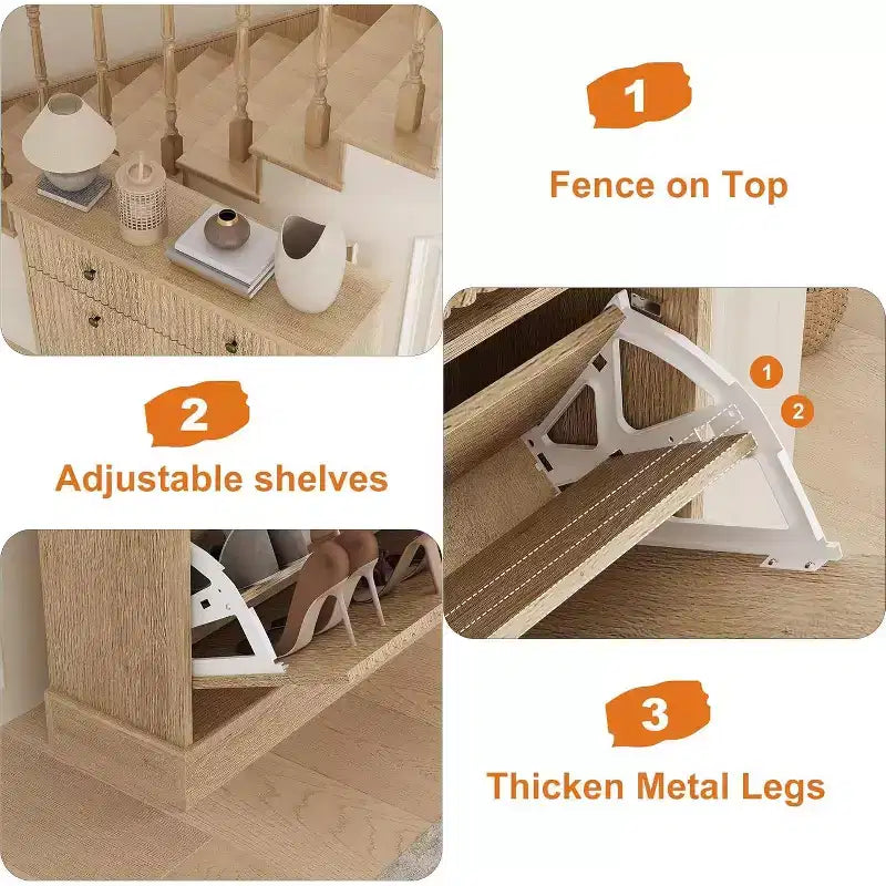 Fluted Shoe Cabinet with Flip-Down Doors and Top Drawer