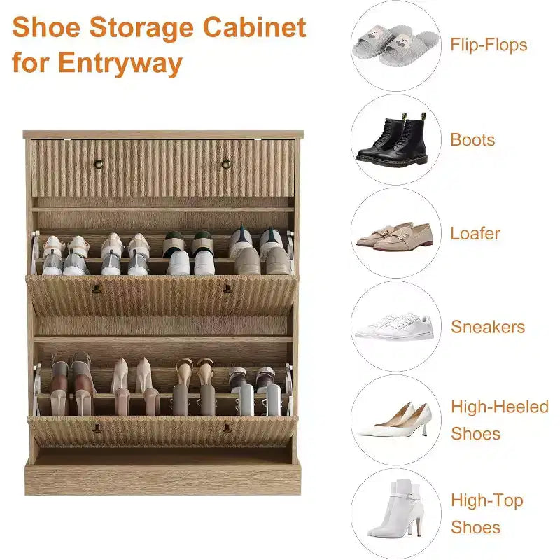 Fluted Shoe Cabinet with Flip-Down Doors and Top Drawer