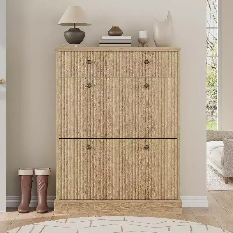 Fluted Shoe Cabinet with Flip-Down Doors and Top Drawer