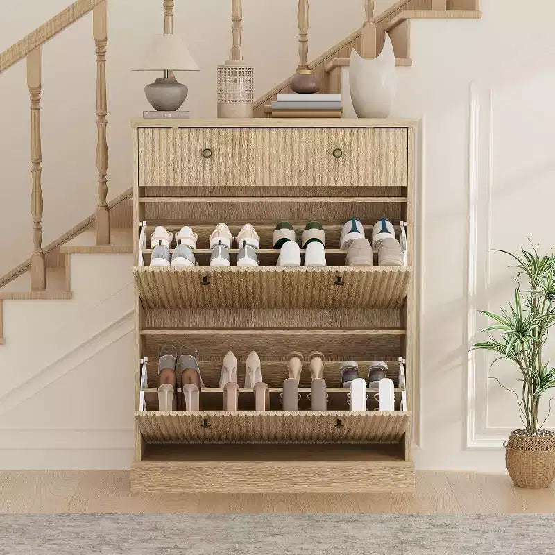 Fluted Shoe Cabinet with Flip-Down Doors and Top Drawer
