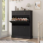 Fluted Shoe Cabinet with Flip-Down Doors and Top Drawer