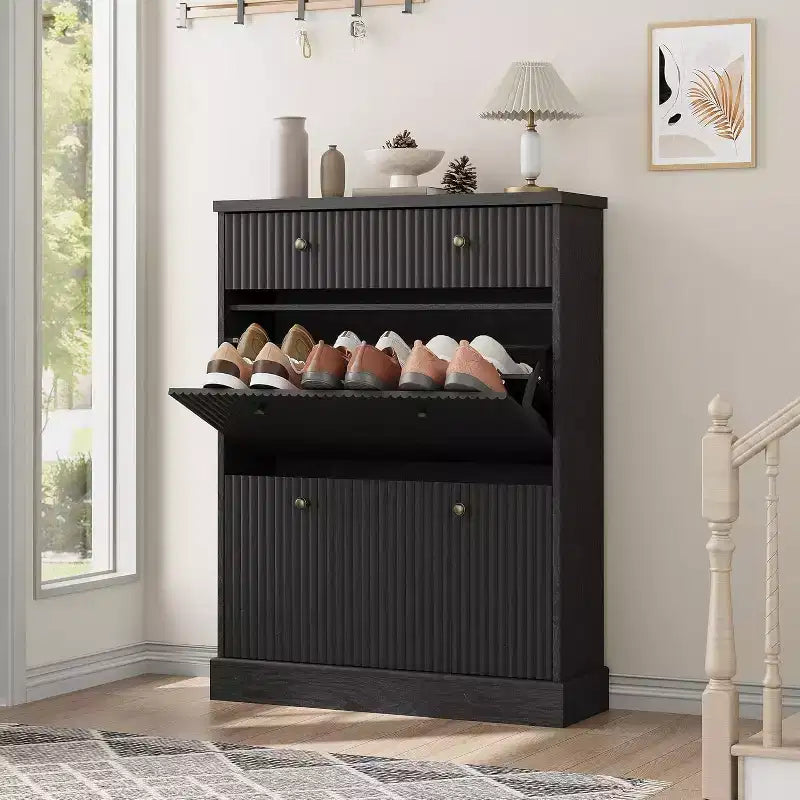Fluted Shoe Cabinet with Flip-Down Doors and Top Drawer