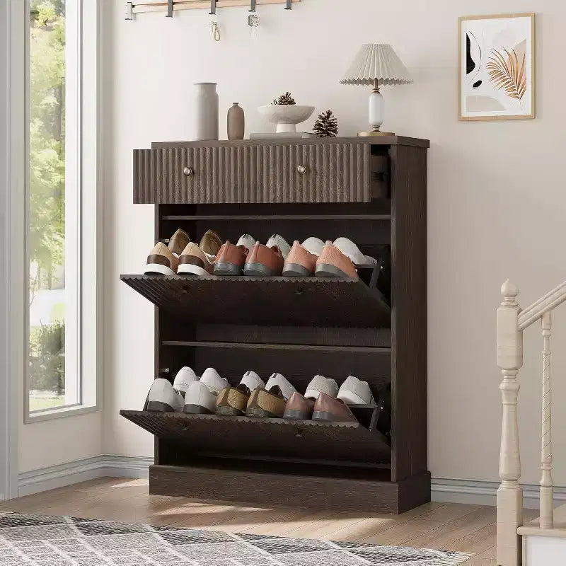 Fluted Shoe Cabinet with Flip-Down Doors and Top Drawer