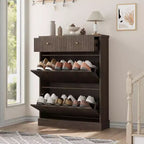 Fluted Shoe Cabinet with Flip-Down Doors and Top Drawer