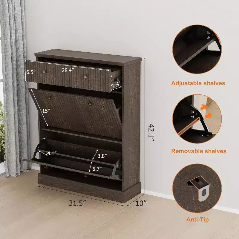 Fluted Shoe Cabinet with Flip-Down Doors and Top Drawer