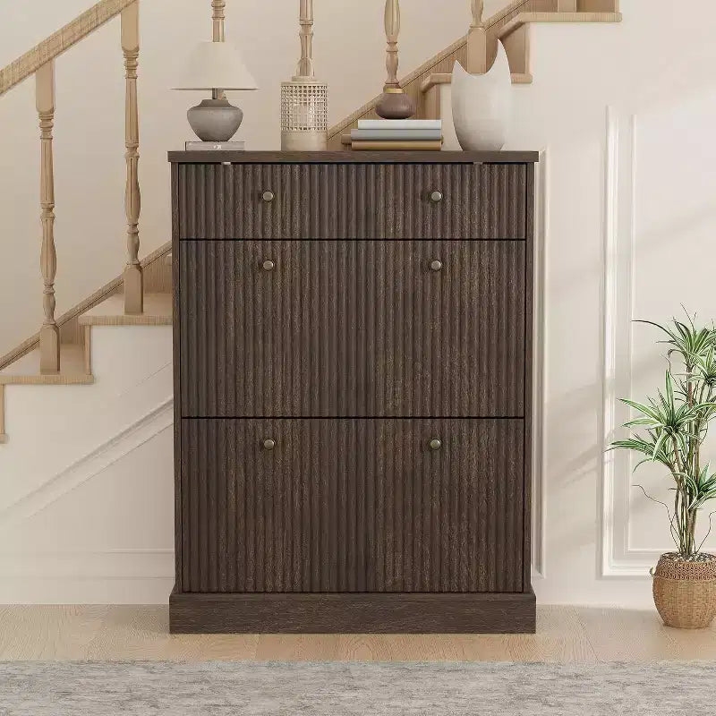 Fluted Shoe Cabinet with Flip-Down Doors and Top Drawer