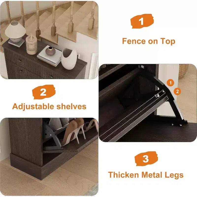 Fluted Shoe Cabinet with Flip-Down Doors and Top Drawer