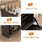Fluted Shoe Cabinet with Flip-Down Doors and Top Drawer