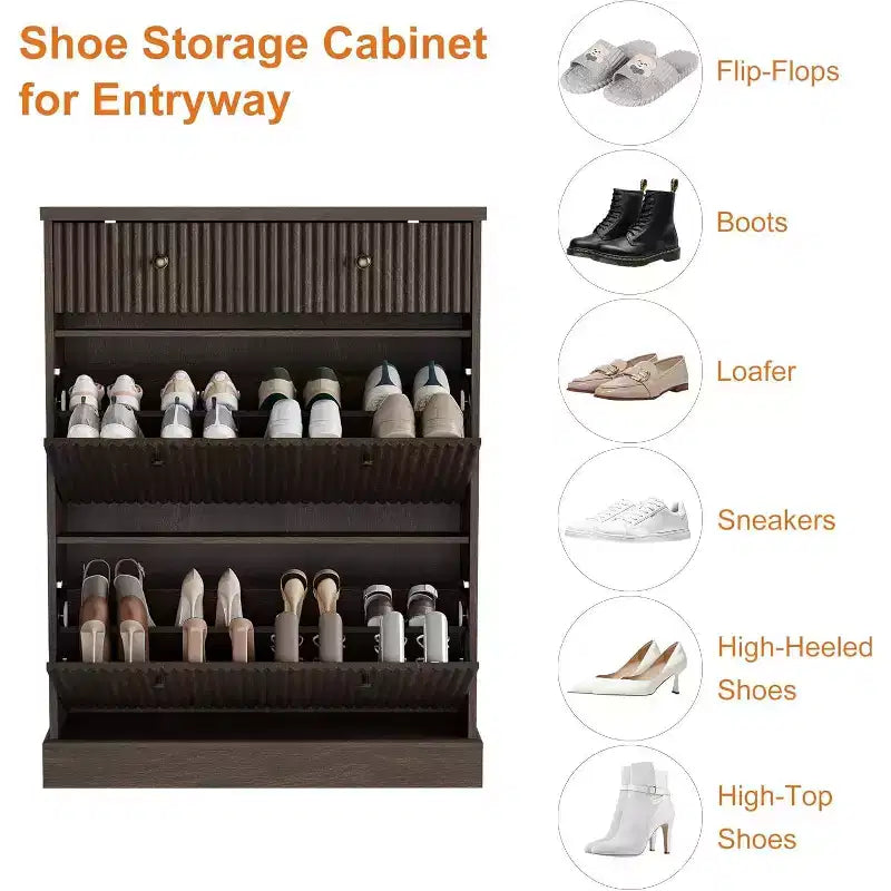 Fluted Shoe Cabinet with Flip-Down Doors and Top Drawer